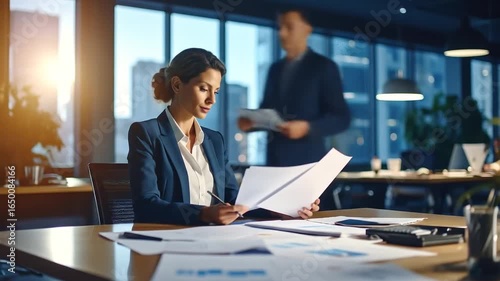 Wallpaper Mural Focused Businesswoman Reviews Documents in Modern Office with City Skyline View. Torontodigital.ca