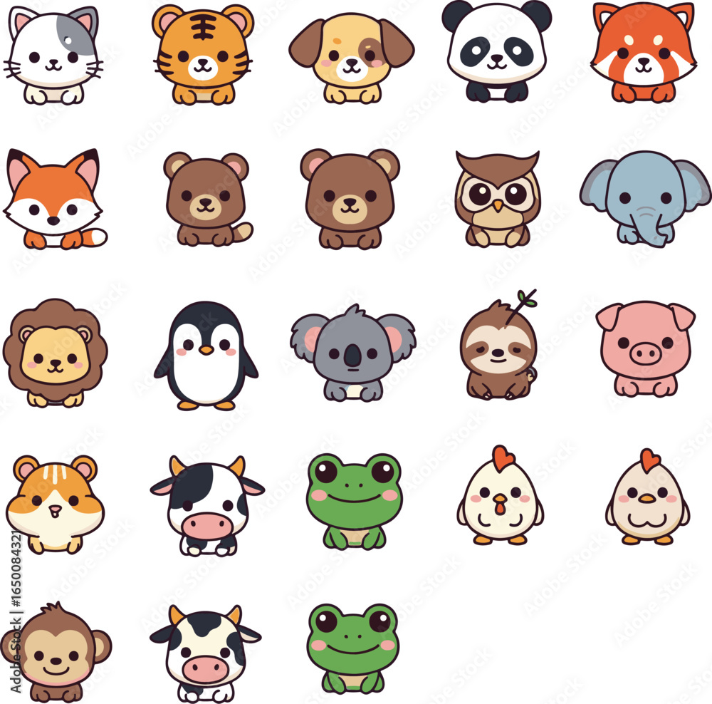Fototapeta premium Cute Animal Vector Bundle | Kawaii Tiger, Panda, Penguin, Frog, Cat & More
