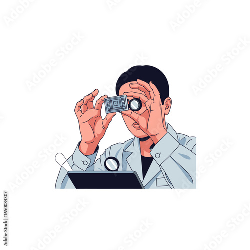 A person in a lab coat closely examines a microchip with a magnifying glass, holding it up to their eye.