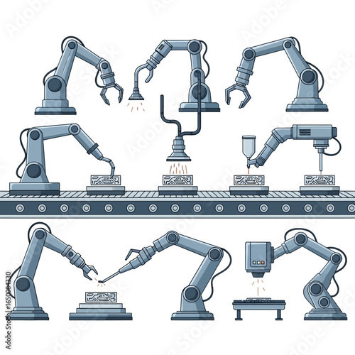 Illustration of robotic arms performing various tasks on a conveyor belt, showcasing automation in a manufacturing or industrial setting.
