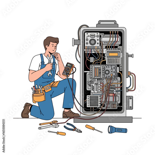 An electrician kneels before an open electrical box, holding a multimeter and wrench, seemingly troubleshooting or repairing the complex wiring inside.