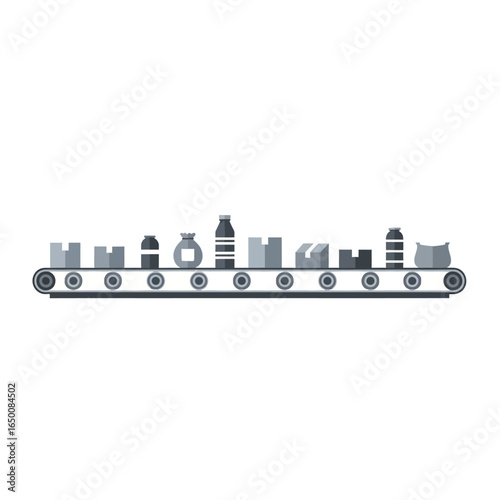 A conveyor belt carries various packaged goods and bottles along its length, illustrating a production or distribution process.