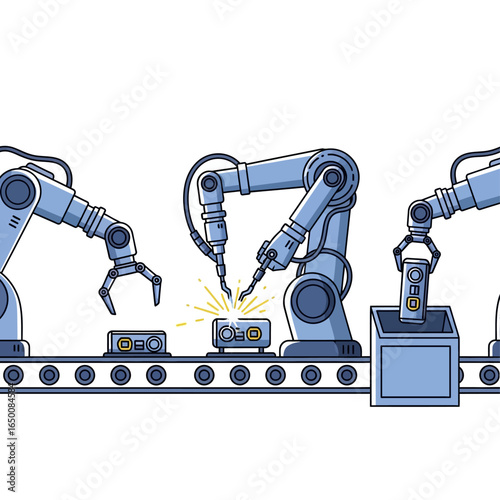 Robotic arms working on an assembly line, welding and manipulating objects in a factory setting.