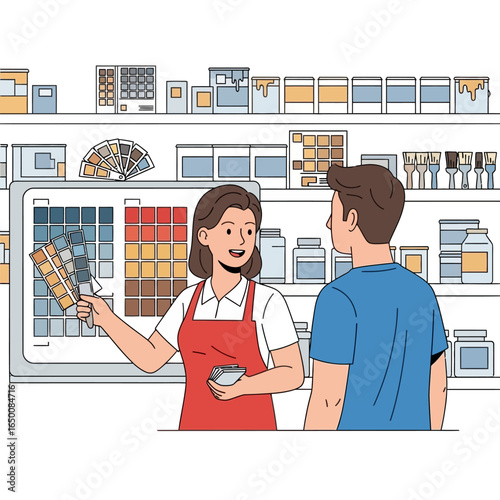 A woman in a red apron shows a paint color swatch to a male customer in a store aisle filled with paint supplies.