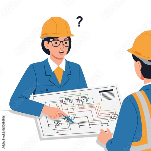 Two engineers, one pointing at a complex diagram with a confused expression, while the other listens.