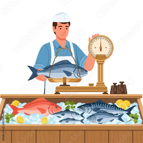 Fishmonger weighing a fish on a scale, with a display of various fish, lemons, and ice in the foreground.