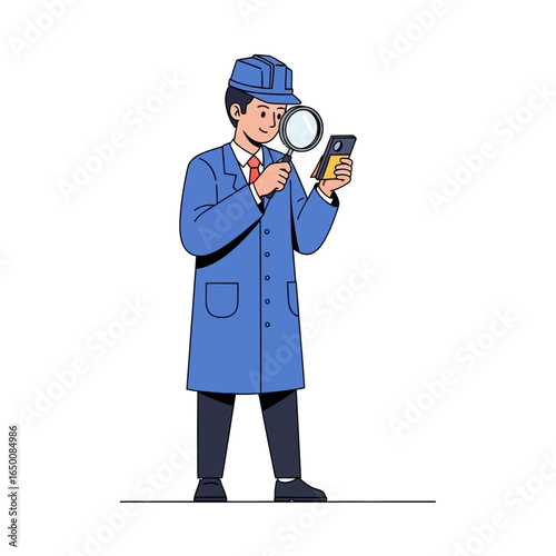 Cartoon man in a blue coat and hat uses a magnifying glass to examine a smartphone screen closely.