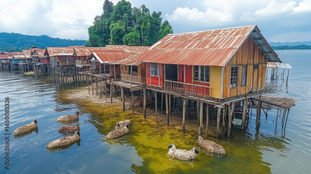 Fototapeta premium Stilt Houses and Sheep in Water