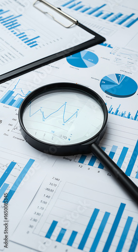 Analyzing financial data A magnifying glass examines charts and graphs for in-depth business analysis and insights