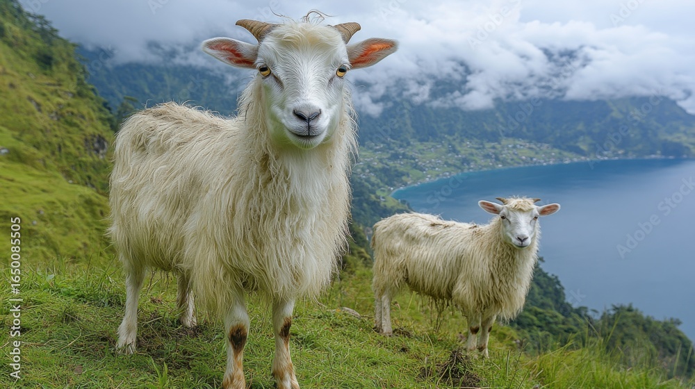 Fototapeta premium Two Goats on Hillside Overlooking Lake and Mountains