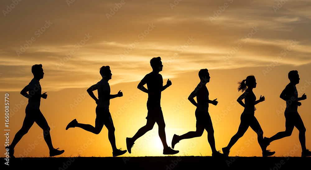 Obraz premium Silhouette of a group of people running together during a beautiful golden sunset, embodying a healthy and active lifestyle.