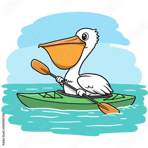 Cartoon pelican paddling a green kayak with orange paddle on blue water.