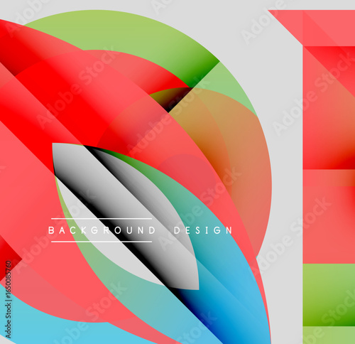 Abstract colorful layers create dynamic visual effect. Modern design features flowing shapes, gradients, text elements.