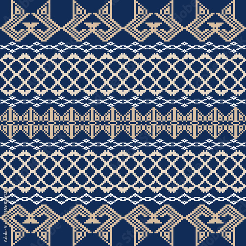 Earthy Tone Traditional Embroidery Art Abstract with Pixel Art Designs for Textile Print