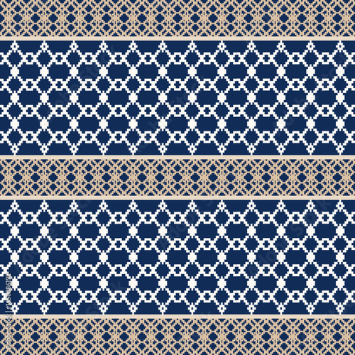 Earthy Tone Traditional Embroidery Art Abstract with Pixel Art Designs for Textile Print