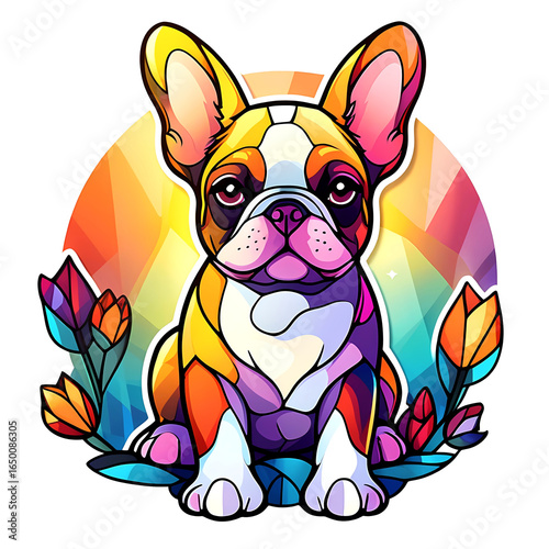 cute and colorful stained glass art design - French bulldog puppy dog with flowers and rainbow background (transparent background)
