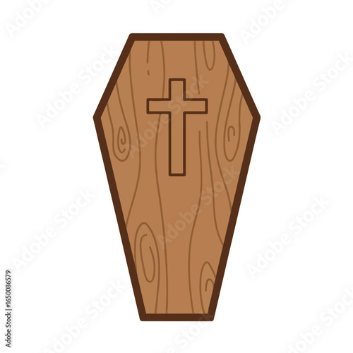 Cartoon voodoo doll with stitches and pins, blood stain on its chest, simple design.