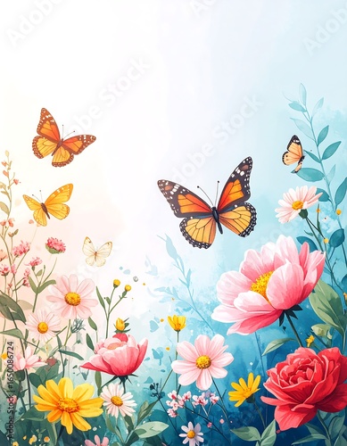 Colorful flowers and butterflies