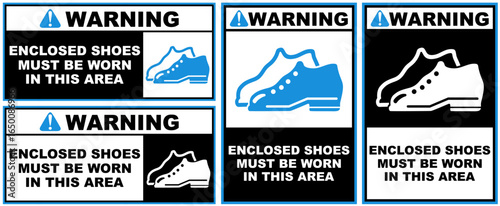 Set warning enclosed shoes must be worn in this area public sign design vector illustration