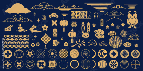 Mid Autumn Festival Decorative Elements with Rabbits Lanterns Clouds and Floral Designs