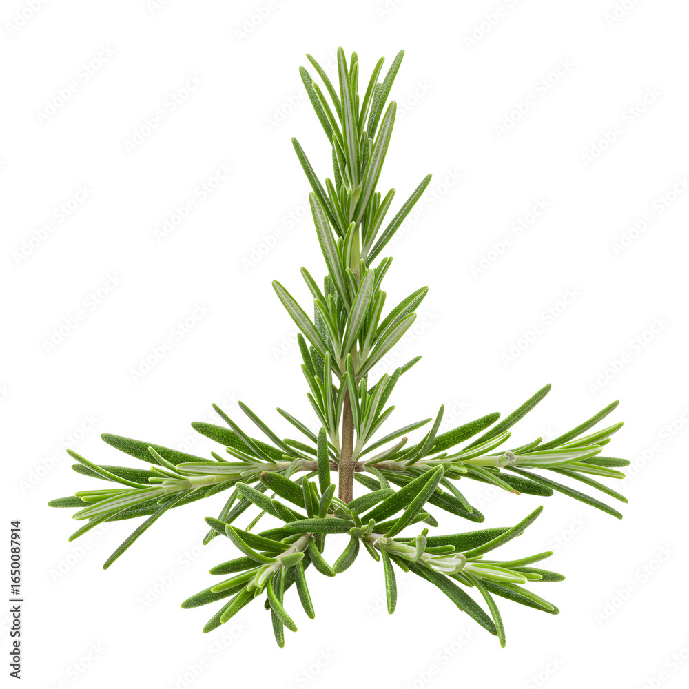 Fototapeta premium Fresh Rosemary Sprig with NeedleLike Leaves and Woody Stem TopDown View.