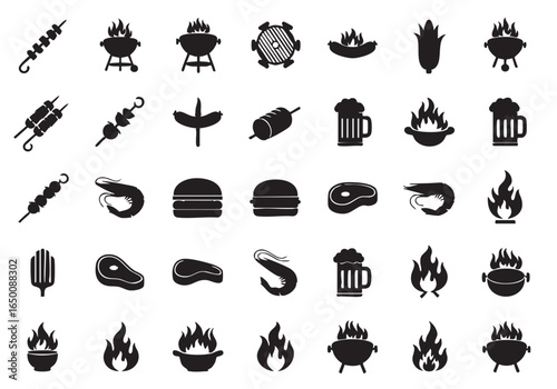 BBQ Grill Icons Food, Drinks & Fire Symbols for Design