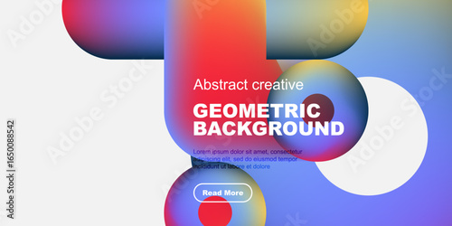 Abstract geometric shapes overlap, creating vibrant color gradients. White space contrasts bold text, inviting exploration.
