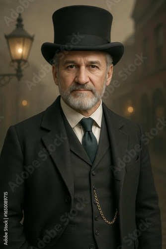  AI-generated image of a distinguished Victorian gentleman with a beard wears a black suit, vest, and top hat, standing in a foggy street.