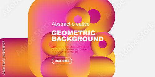 Vibrant geometric shapes overlap, creating dynamic colorful background. Text promotes further exploration via button.