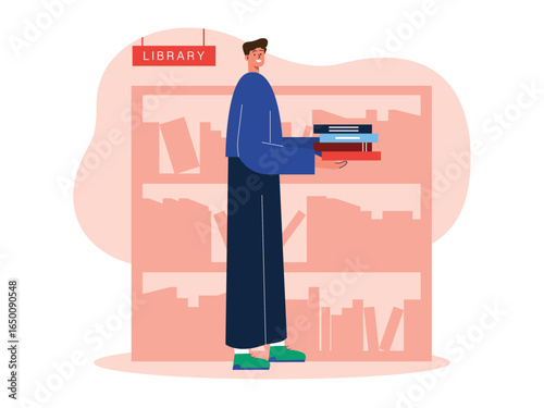 College man carrying a book from a bookshelf, working on an assignment at a university library. University illustrations. Flat vector illustration. Character design.