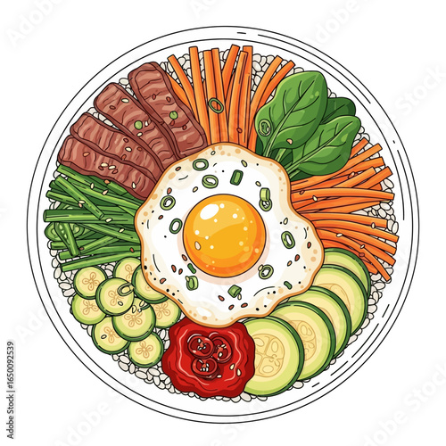 Colorful and healthy Korean Bibimbap bowl illustration.