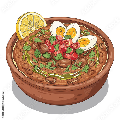 A delicious bowl of Foul Medames, a traditional Egyptian dish made with fava beans, garnished with chopped tomatoes, cilantro, green onions, olive oil, and boiled eggs, served with a lemon wedge.