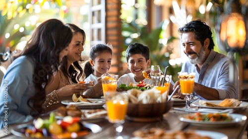 A warm and joyful Latin American family sitting around the family dinner table 