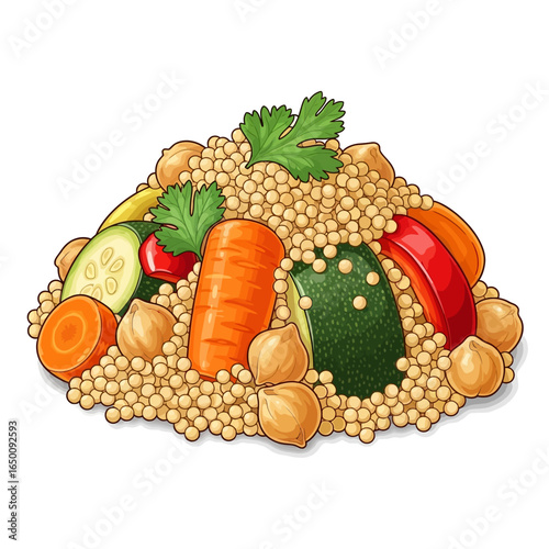 A vibrant illustration of fluffy couscous piled high with colorful chopped vegetables and chickpeas, garnished with fresh parsley.