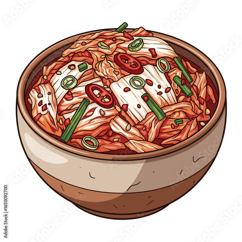 A bowl of kimchi, a traditional Korean fermented cabbage dish with spices.