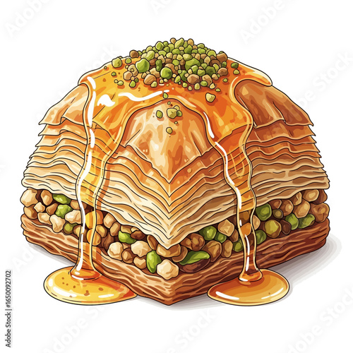 Close-up of a honey-drizzled baklava with pistachios.