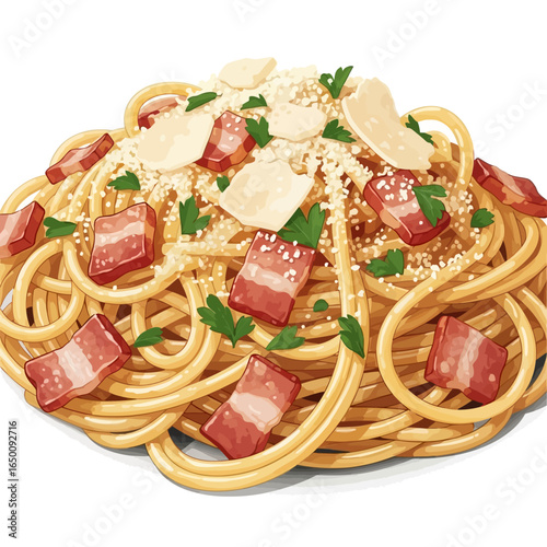 A delicious plate of spaghetti carbonara, a classic Italian pasta dish with bacon, cheese, and herbs.