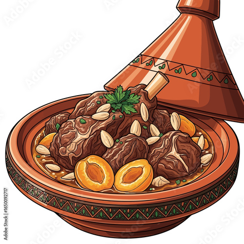 A traditional Moroccan tagine dish with tender meat, sweet apricots, and crunchy almonds, served in an earthenware pot.
