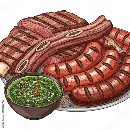 A detailed image showcasing a plate of grilled meats including ribs and sausages with a side of chimichurri sauce.