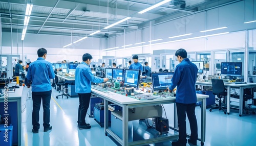 Factory Workers Electronics Assembly Line.