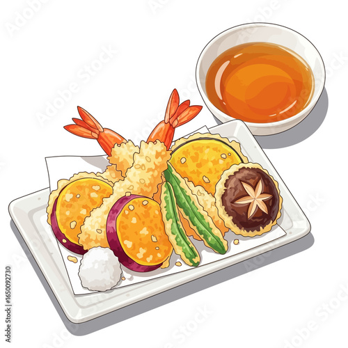 Illustration of a plate of tempura with shrimp and vegetables, served with dipping sauce.