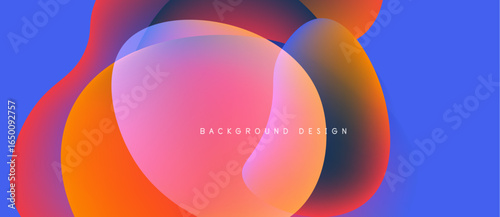 Abstract fluid shapes overlap, creating vibrant color gradients. Blue background complements orange, pink hues. Modern design element.