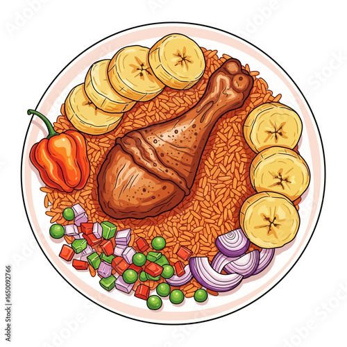A delicious and colorful plate of Jollof rice with a fried chicken leg, sliced plantains, and fresh diced vegetables.