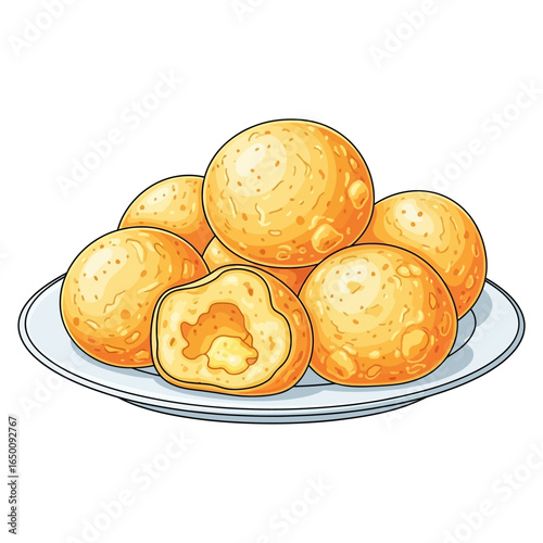 A plate of golden fried dough balls, one cut open to show a soft, creamy filling, on a white background.