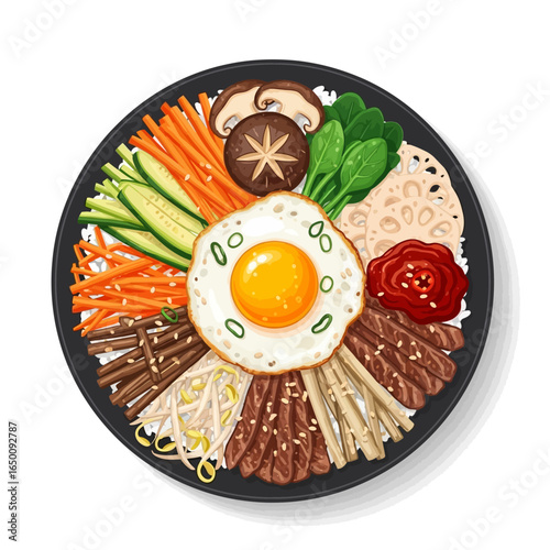 A vibrant and colorful Korean Bibimbap dish on a dark plate.