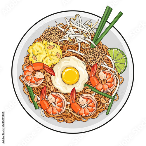 A vibrant plate of Pad Thai with shrimp, egg, and bean sprouts.