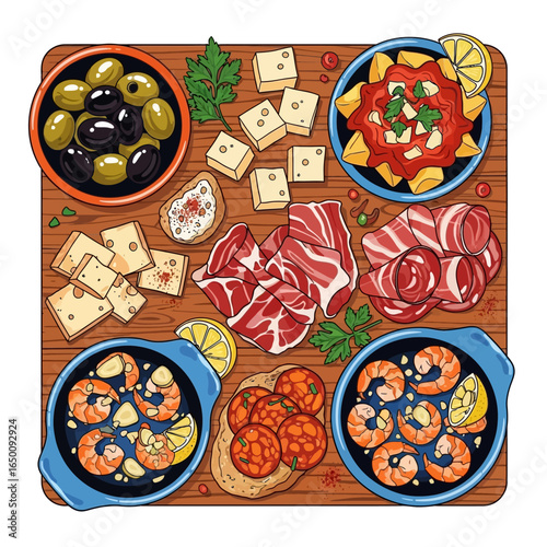 A detailed overhead shot showcasing a diverse assortment of delicious tapas and appetizers on a wooden board.