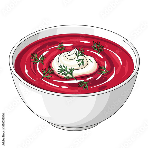 A white bowl of vibrant red borscht soup topped with a dollop of sour cream and fresh dill.