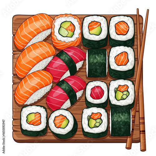 A vibrant and appetizing assortment of fresh sushi rolls and nigiri, featuring salmon, tuna, avocado, and cucumber, artfully arranged on a wooden serving board with chopsticks.