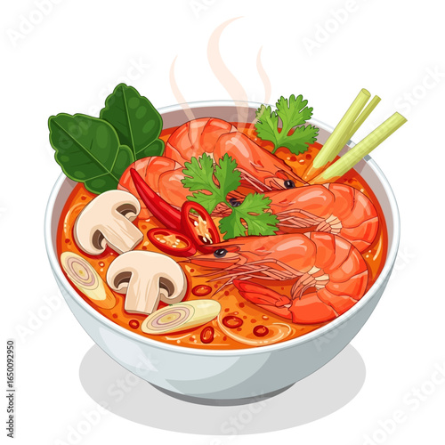 Steaming bowl of traditional Thai Tom Yum Goong soup with shrimp, mushrooms, and aromatic herbs.